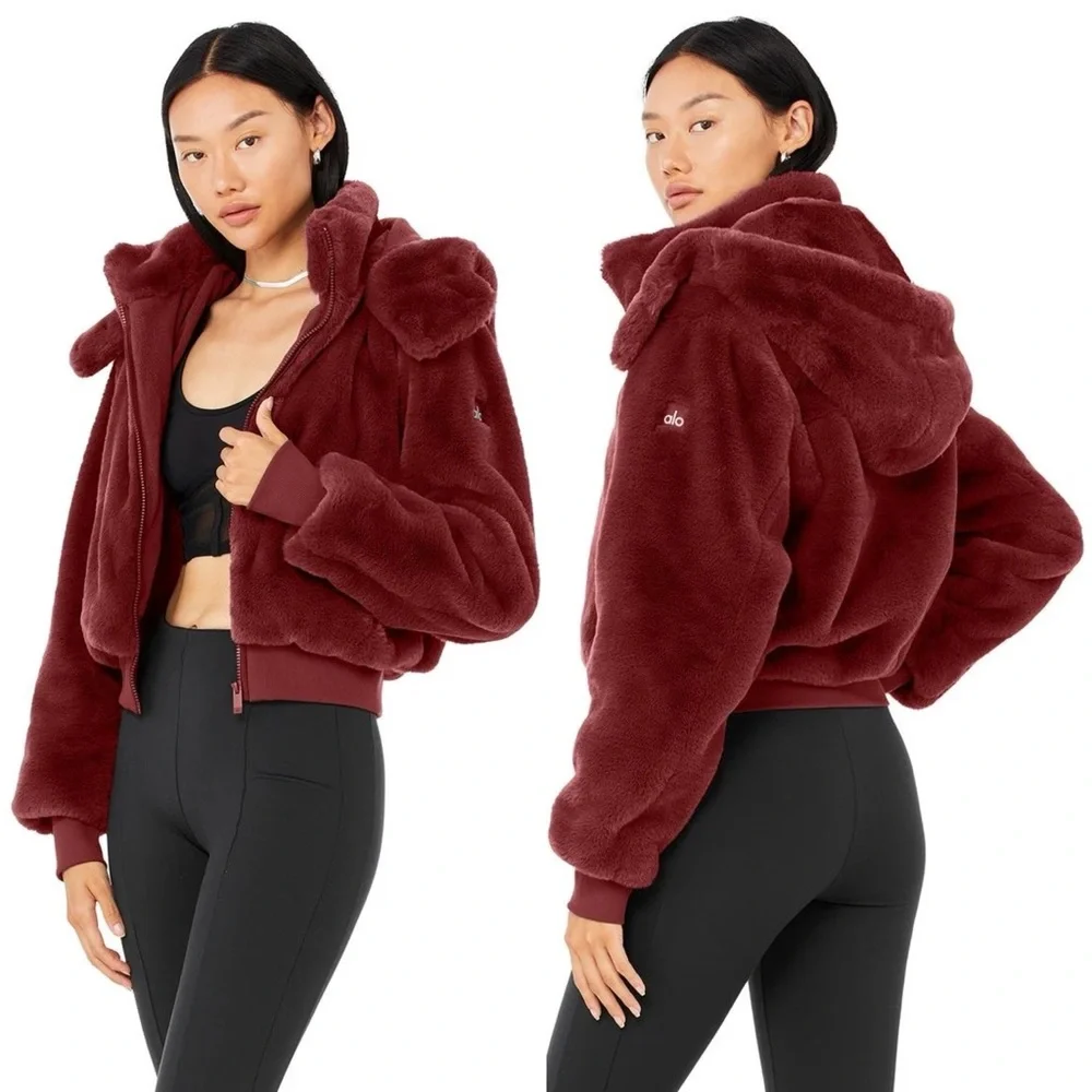 ALO Yoga Faux Fur Hooded Full Zip Jacket Burgundy Red